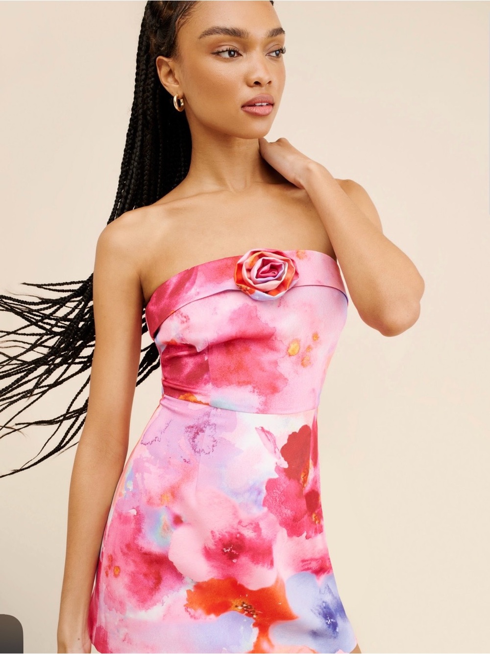 Strapless Pink Watercolor Floral Dress with Rosette